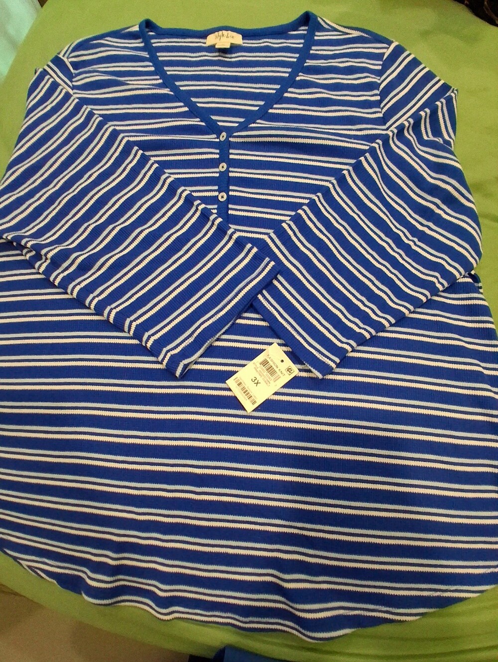 Style & Co. Royal Blue and White Striped V-Neck Long Sleeve Top